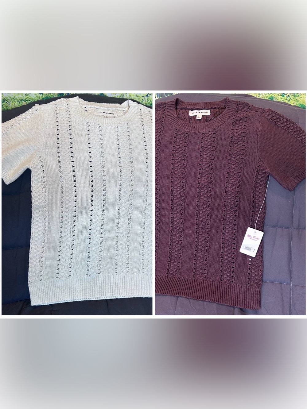 Two Lucky Brand Short-Sleeve Cable Knit Sweaters - Brown and cream